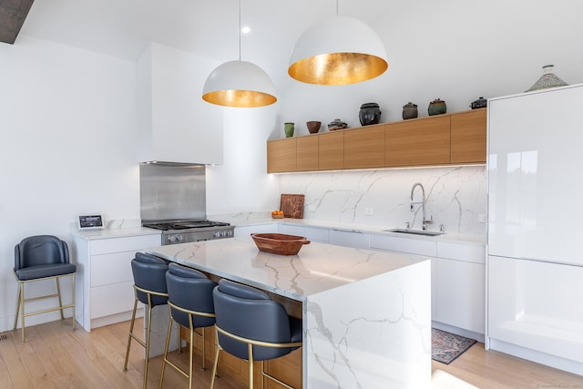 kitchen with decorative backsplash, light wood finished floors, modern cabinets, a sink, and a center island