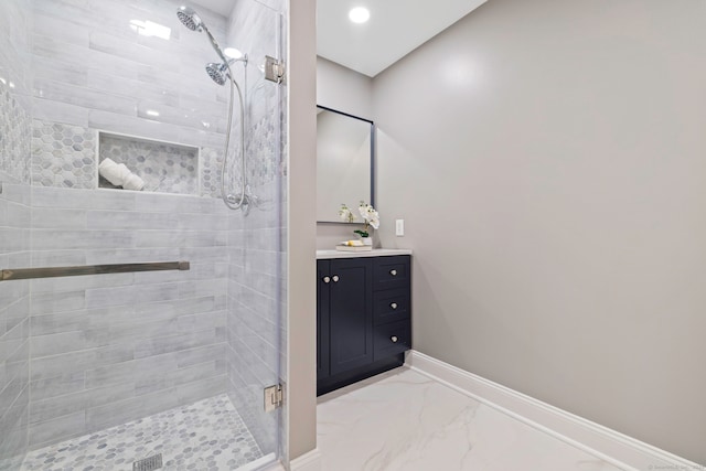 215 Paddock Hill Ln, Fairfield, CT 06824 - full bathroom featuring a stall shower, baseboards, vanity, and marble finish floors