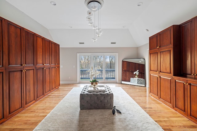 215 Paddock Hill Ln, Fairfield, CT 06824 - sitting room with vaulted ceiling, light wood-type flooring, a chandelier, baseboards, and recessed lighting