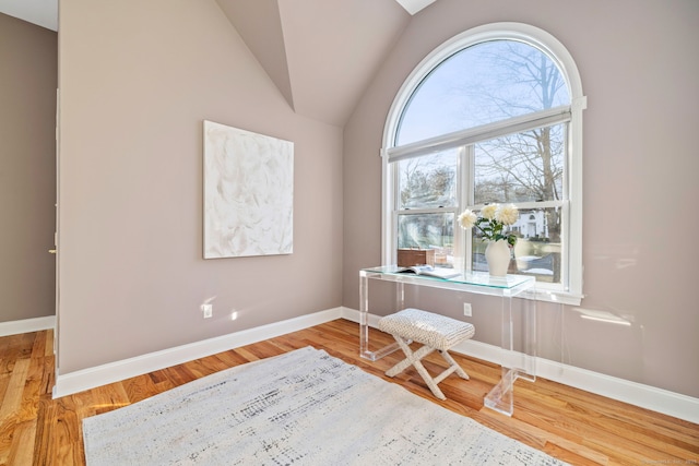 215 Paddock Hill Ln, Fairfield, CT 06824 - office area with baseboards, wood finished floors, and lofted ceiling