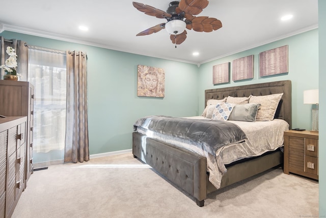 carpeted bedroom with recessed lighting, a ceiling fan, and crown molding