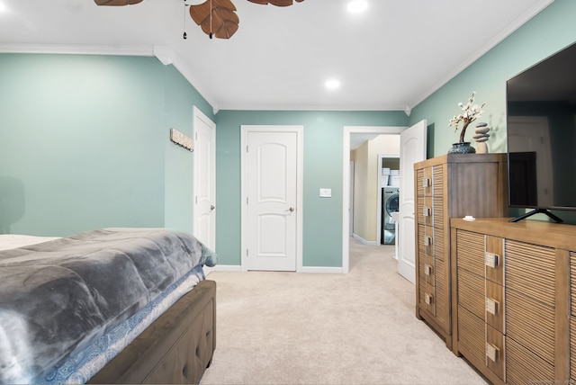 bedroom featuring light carpet, ornamental molding, recessed lighting, baseboards, and ceiling fan