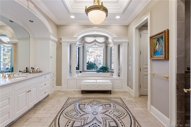 bathroom with recessed lighting, baseboards, plenty of natural light, and crown molding