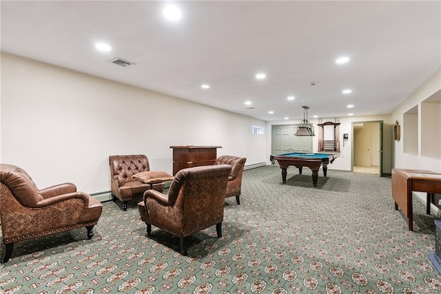 rec room with visible vents, billiards, recessed lighting, carpet floors, and baseboard heating