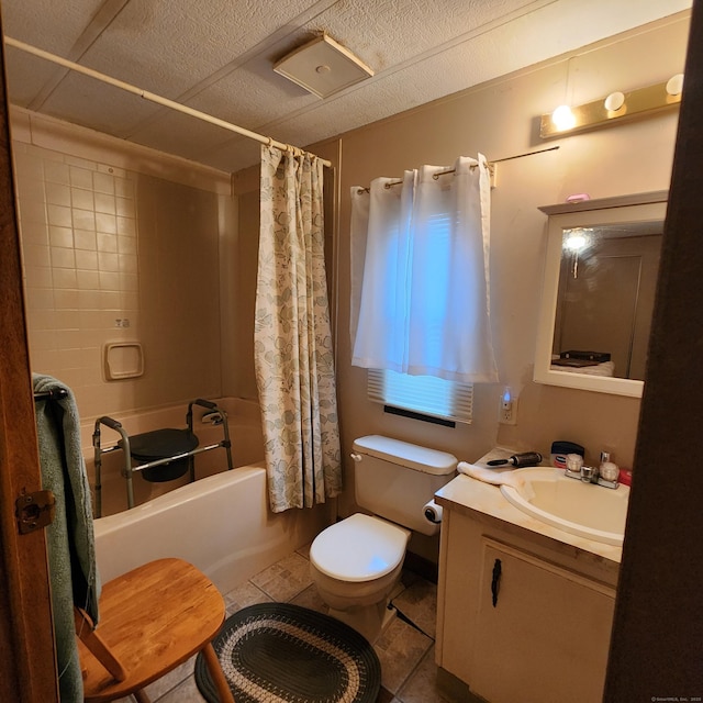 full bath with vanity, tile patterned floors, toilet, and shower / bathtub combination with curtain