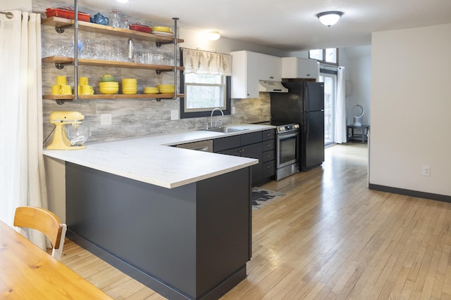 kitchen featuring light wood-type flooring, stainless steel range with electric stovetop, a sink, under cabinet range hood, and decorative backsplash