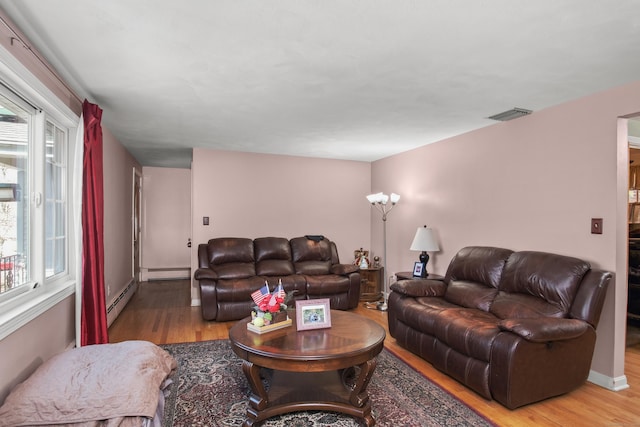 living area featuring visible vents, wood finished floors, and a baseboard radiator