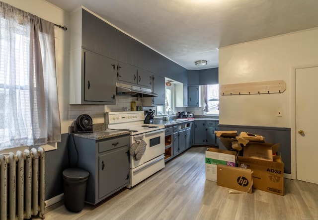 kitchen featuring tasteful backsplash, radiator, under cabinet range hood, light wood-type flooring, and white range with electric stovetop