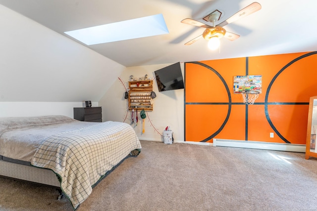 carpeted bedroom with baseboards, vaulted ceiling with skylight, and baseboard heating