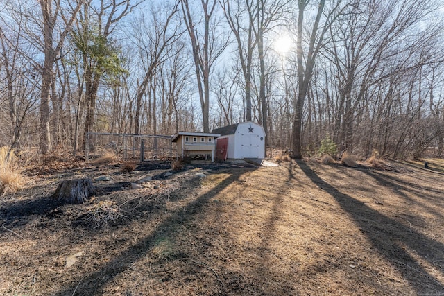 view of yard featuring an outbuilding and a shed