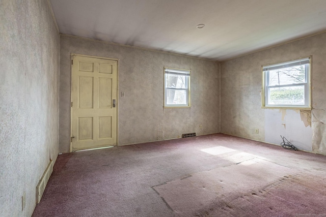 spare room featuring a wealth of natural light, visible vents, and carpet floors