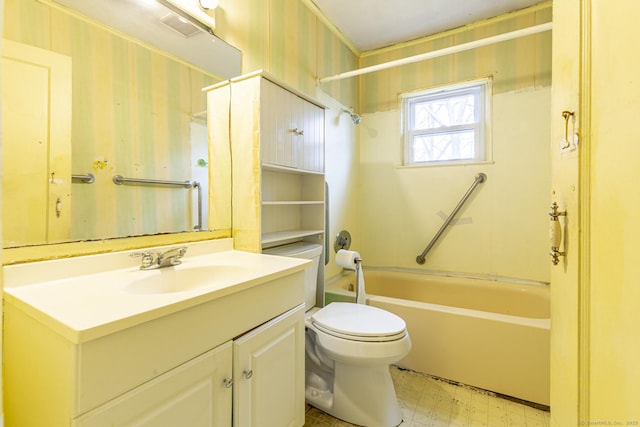 full bath with visible vents, toilet, shower / bath combination, tile patterned floors, and vanity