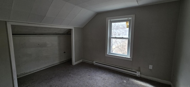 additional living space featuring a wealth of natural light, carpet flooring, a baseboard heating unit, and lofted ceiling
