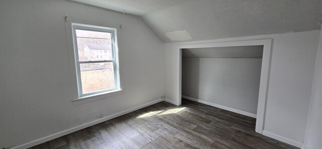 additional living space featuring baseboards, a healthy amount of sunlight, dark wood-style floors, and vaulted ceiling