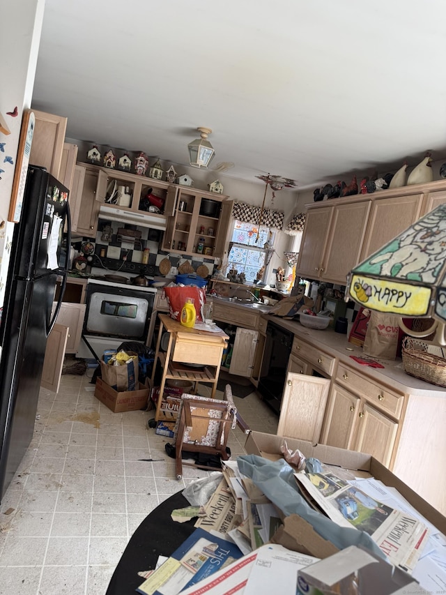 kitchen featuring light brown cabinets, black appliances, light countertops, and open shelves