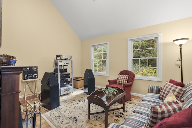 office space with baseboards, lofted ceiling, and wood finished floors