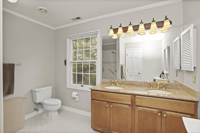 bathroom featuring a sink, visible vents, toilet, and a shower stall