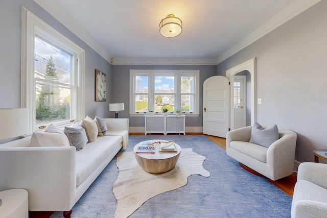 living room featuring baseboards, arched walkways, wood finished floors, and crown molding