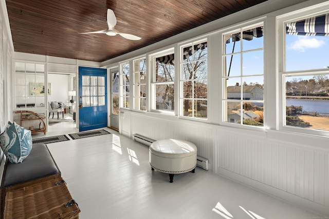 sunroom / solarium featuring a baseboard heating unit, wood ceiling, a water view, and a ceiling fan