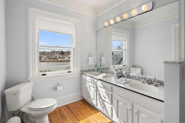 full bath with baseboards, toilet, double vanity, hardwood / wood-style floors, and a sink