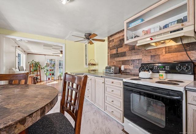 kitchen with under cabinet range hood, tasteful backsplash, range with electric stovetop, a toaster, and ceiling fan