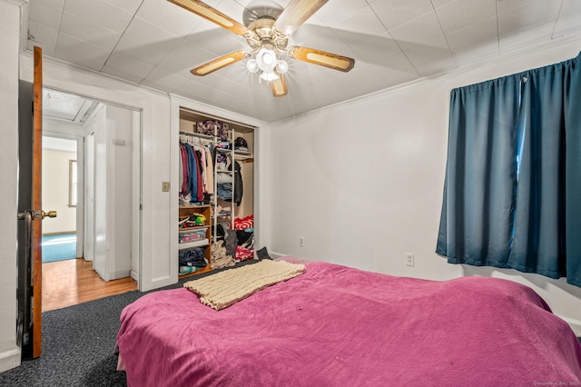 bedroom with ornamental molding, wood finished floors, a closet, and ceiling fan