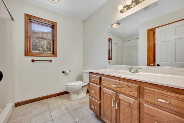 full bath with tile patterned flooring, baseboards, walk in shower, toilet, and vanity