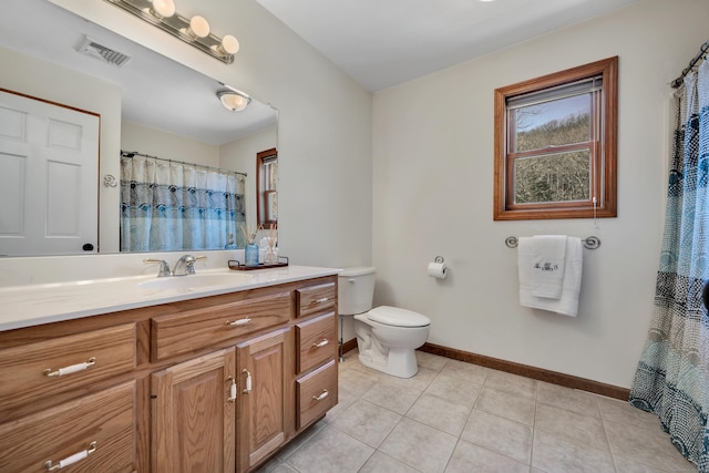 bathroom with visible vents, toilet, tile patterned flooring, baseboards, and vanity