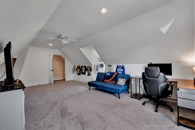 office featuring baseboards, lofted ceiling, carpet floors, recessed lighting, and a ceiling fan