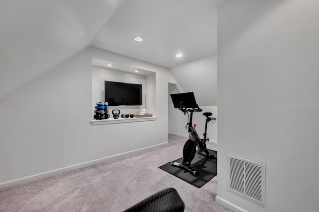 workout area featuring visible vents, recessed lighting, carpet flooring, baseboards, and vaulted ceiling