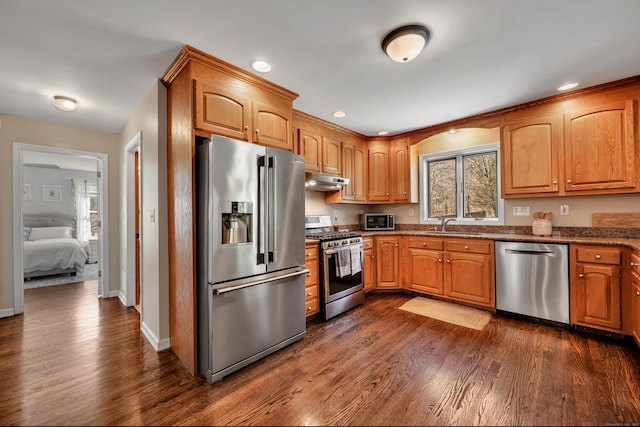 kitchen featuring under cabinet range hood, dark wood-style floors, recessed lighting, and appliances with stainless steel finishes