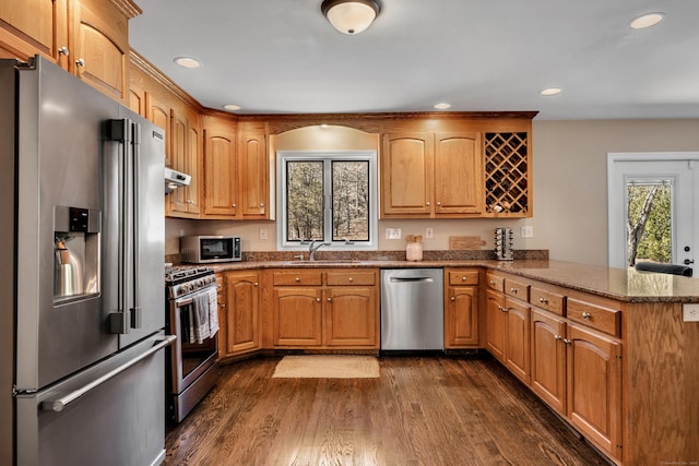 kitchen with a peninsula, recessed lighting, a sink, dark wood-type flooring, and appliances with stainless steel finishes