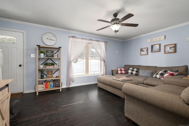 living area featuring baseboards, dark wood finished floors, and crown molding