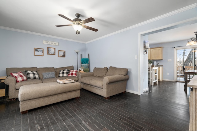 living area with baseboards, dark wood-type flooring, and ornamental molding