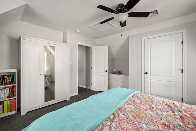 bedroom with visible vents, ceiling fan, baseboards, and dark colored carpet