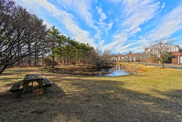 view of home's community featuring a water view and a lawn