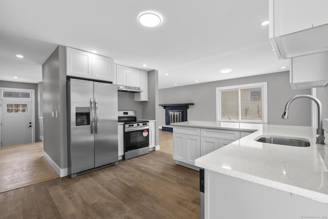 kitchen with a sink, light stone counters, under cabinet range hood, dark wood finished floors, and appliances with stainless steel finishes