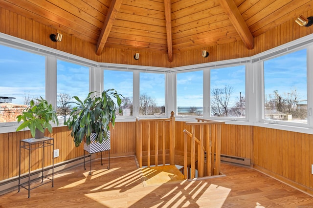 unfurnished sunroom featuring a baseboard heating unit, wooden ceiling, vaulted ceiling with beams, and a baseboard radiator