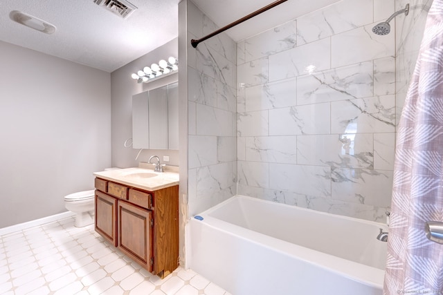 full bath with vanity, visible vents, shower / bath combination with curtain, a textured ceiling, and toilet