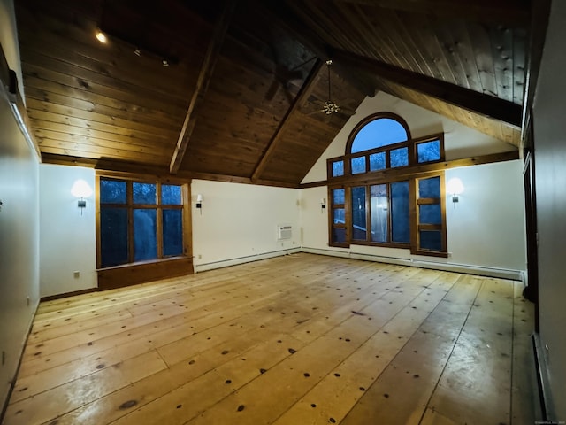 additional living space with beamed ceiling, wood-type flooring, baseboard heating, wood ceiling, and ceiling fan