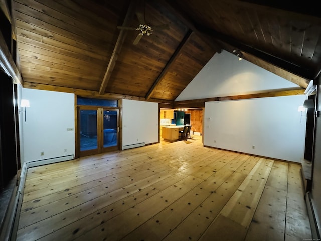 bonus room with lofted ceiling with beams, a baseboard heating unit, light wood-style floors, wooden ceiling, and baseboard heating