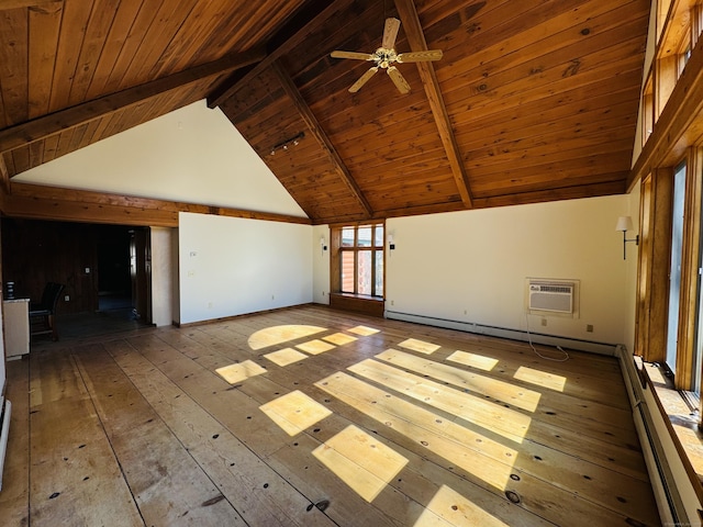 unfurnished living room with a baseboard heating unit, a wall mounted air conditioner, beam ceiling, a ceiling fan, and wood-type flooring