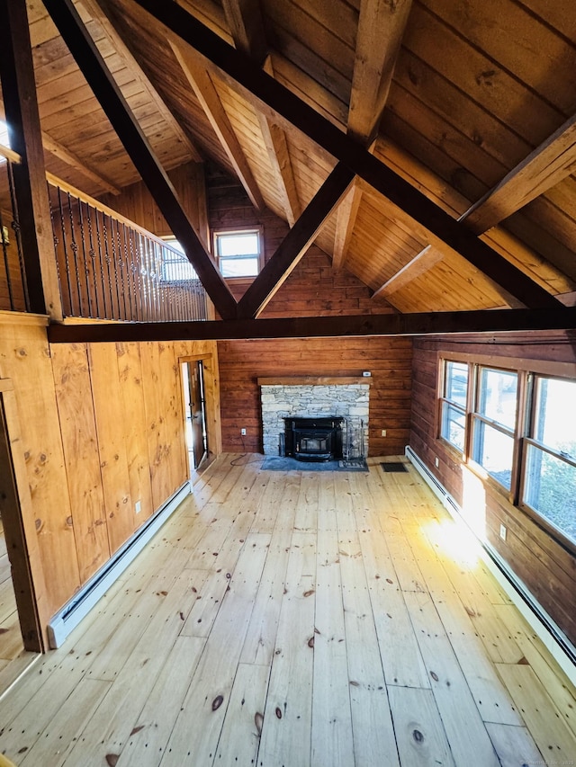 unfurnished living room featuring wooden walls, wood ceiling, lofted ceiling with beams, hardwood / wood-style floors, and a wealth of natural light