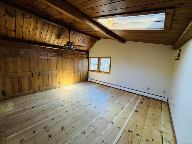 unfurnished room with lofted ceiling with skylight, light wood finished floors, wood ceiling, and a baseboard heating unit