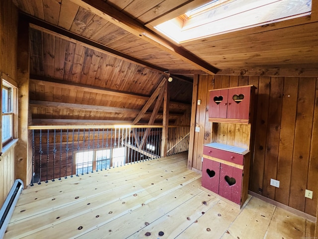 bonus room featuring lofted ceiling with skylight, wooden walls, baseboard heating, and wooden ceiling