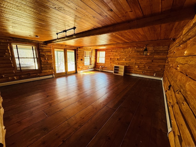 unfurnished living room with log walls, dark wood-type flooring, baseboard heating, and wooden ceiling