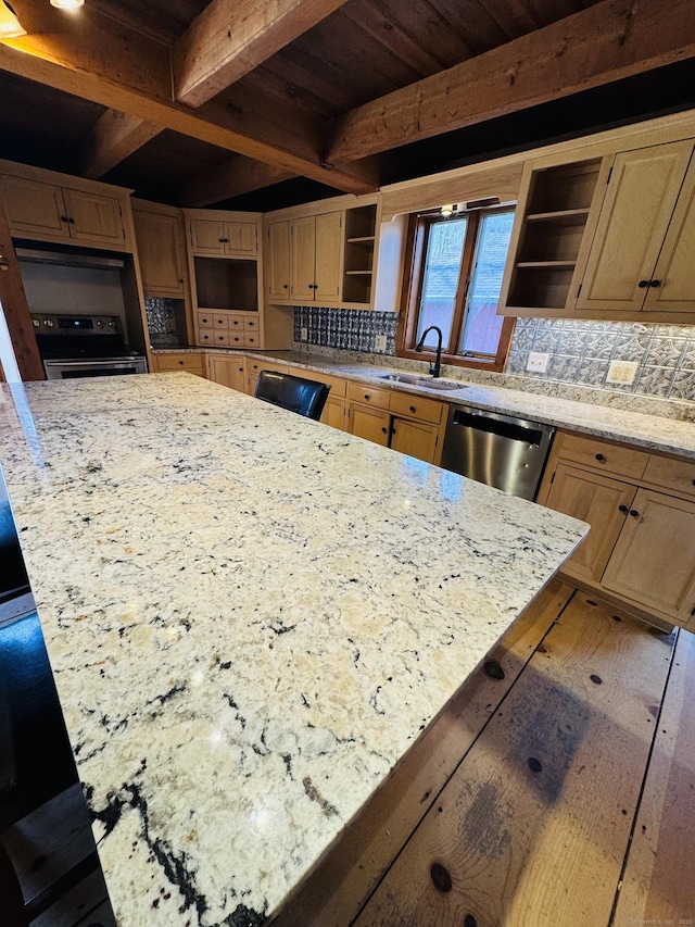 kitchen with open shelves, a kitchen island, decorative backsplash, stainless steel appliances, and a sink