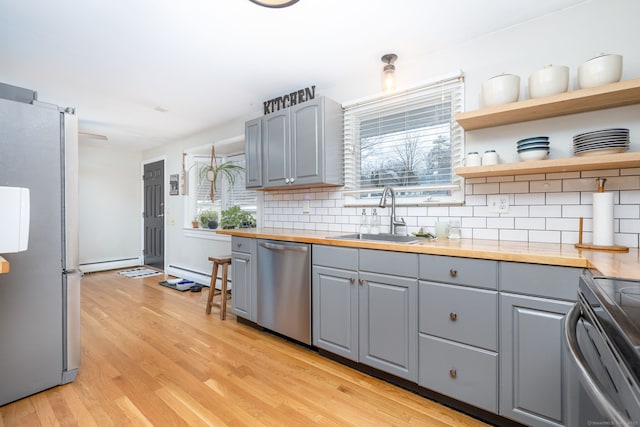 kitchen with a sink, stainless steel appliances, gray cabinetry, and a baseboard heating unit