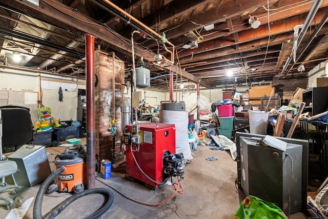 unfinished basement with water heater and a heating unit