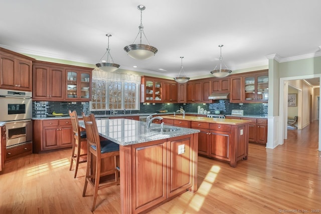 35 Grace View Dr, Easton, CT 06612 - kitchen featuring a center island with sink, appliances with stainless steel finishes, crown molding, light wood finished floors, and decorative backsplash